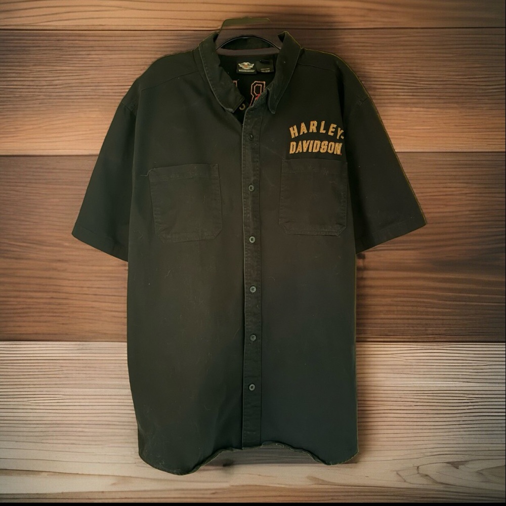 Harley Davidson Men Motor Cycles Black Button Down Short Sleeve Logo Shirt 3XL